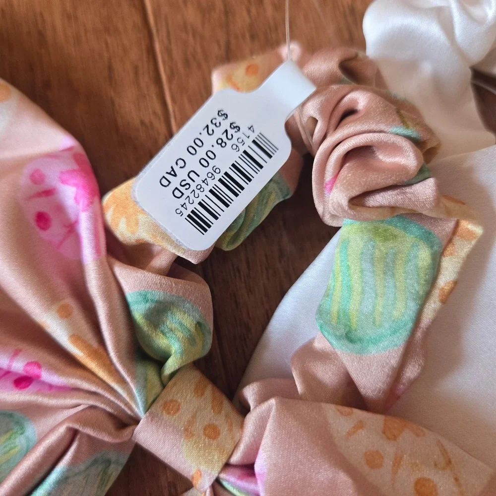 Anthropologie Holiday Ornament Bow Scrunchie Set 2pk Pink Ivory Satin New